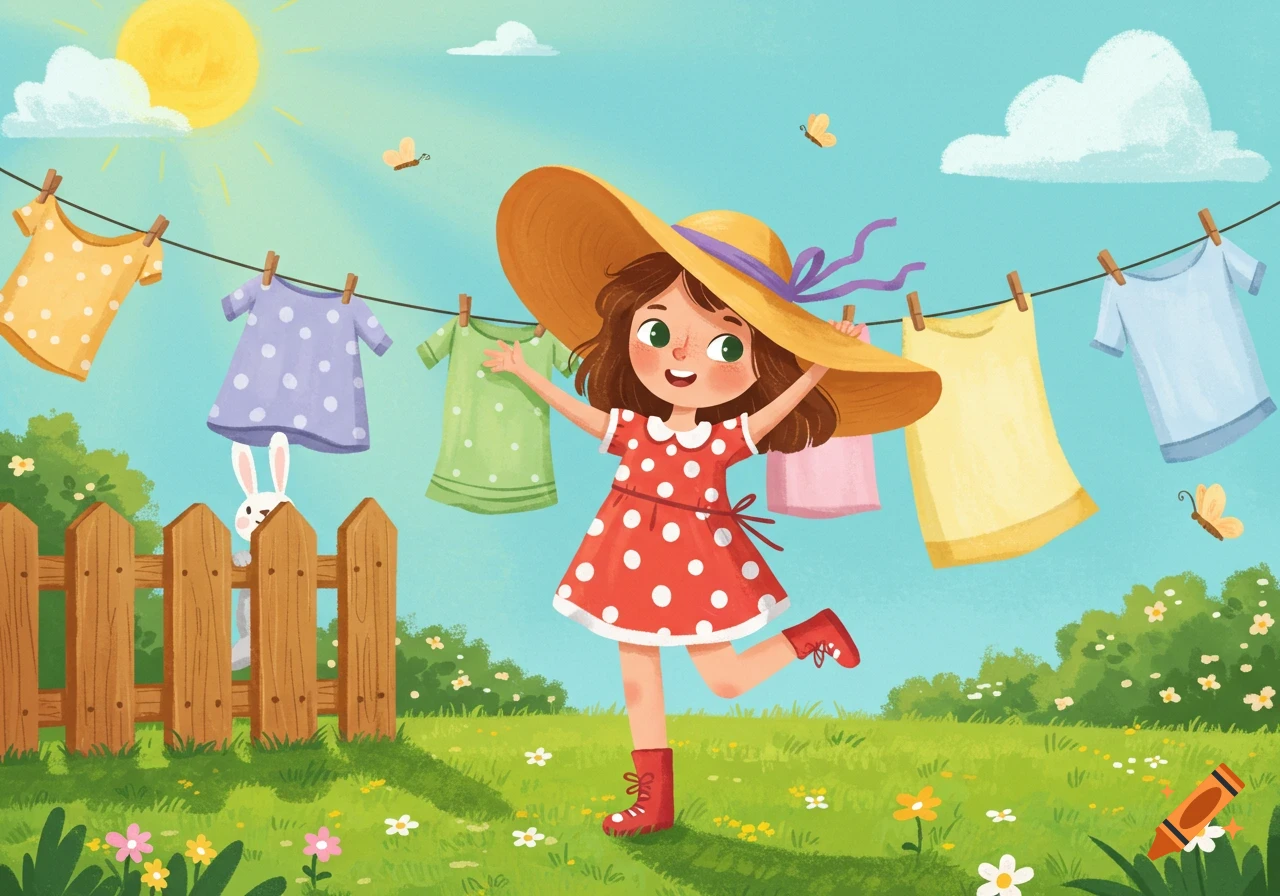 A happy cartoon girl in a large straw hat and polka dot dress skips in a sunny garden with laundry drying on a line and a bunny peeking over a fence.