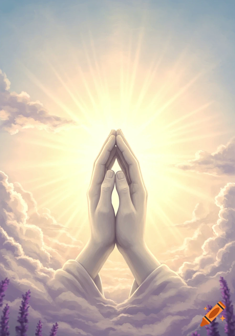 Praying hands clasped together, bathed in bright light amidst clouds and a blue sky, with purple flowers below.