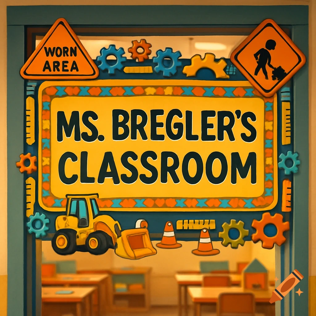 A stylized classroom door sign reads "MS. BREGLER'S CLASSROOM" with a construction theme, featuring a yellow front-end loader, traffic cones, gears, and construction warning signs including one that says "WORN AREA."