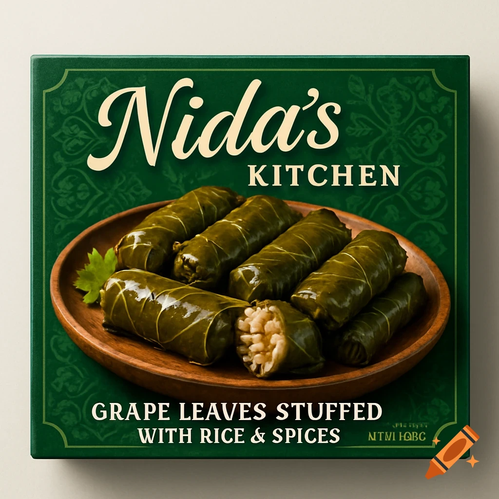 A green product box for Nida's Kitchen grape leaves stuffed with rice and spices, showing dolmades on a wooden plate.