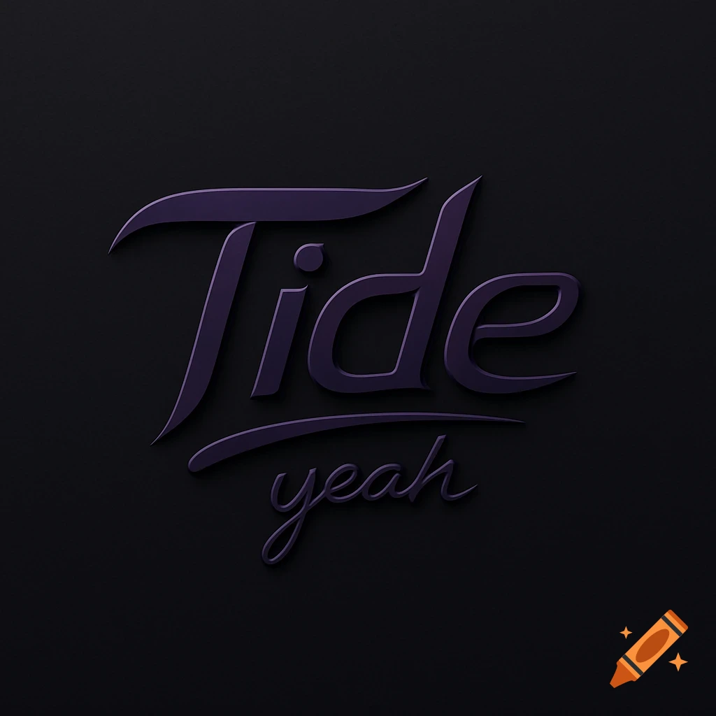 Dark purple embossed text reading 'Tide' in a script font above 'yeah' in a cursive font, all on a black background.