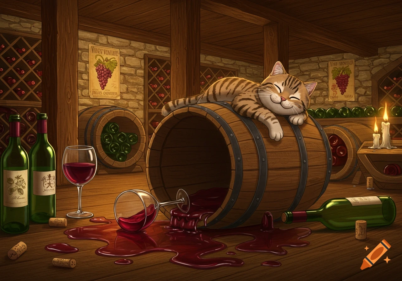 A happy, sleepy cartoon tabby cat rests on a wine barrel in a rustic cellar, surrounded by spilled red wine, bottles, and candles.