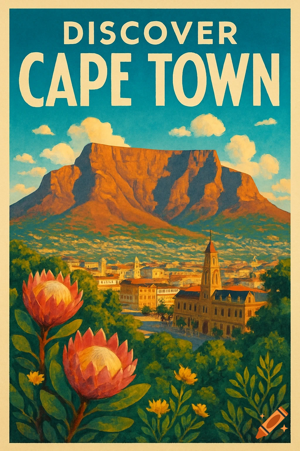 Vintage travel poster of Table Mountain over Cape Town, with protea flowers in the foreground.