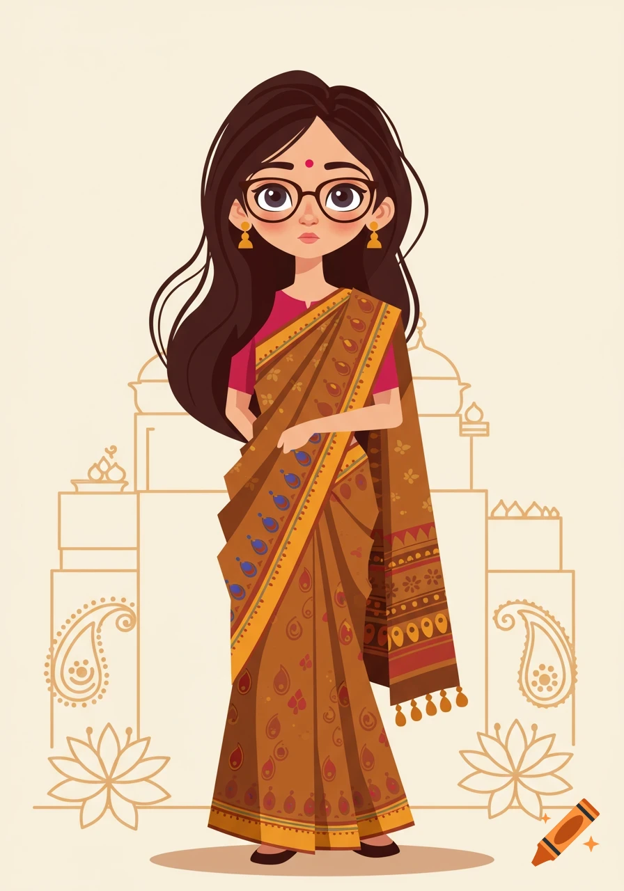 A cartoon illustration of an Indian girl with long dark hair, glasses, and a bindi, wearing a brown and gold patterned saree. Traditional architecture outlines are in the background.