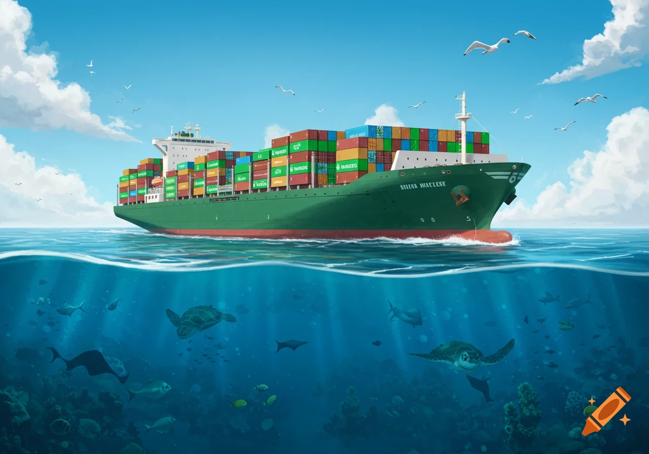 A stylized illustration showing a large green container ship sailing on a blue ocean above a vibrant underwater scene with fish and sea turtles.