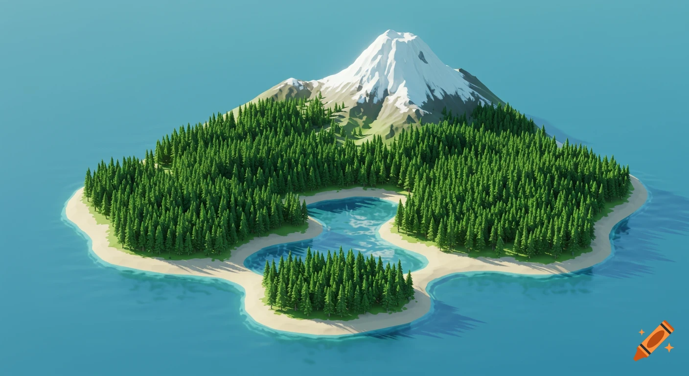 Isometric view of a lush island with sandy beaches, a winding lake, and a snow-capped mountain with coniferous trees.
