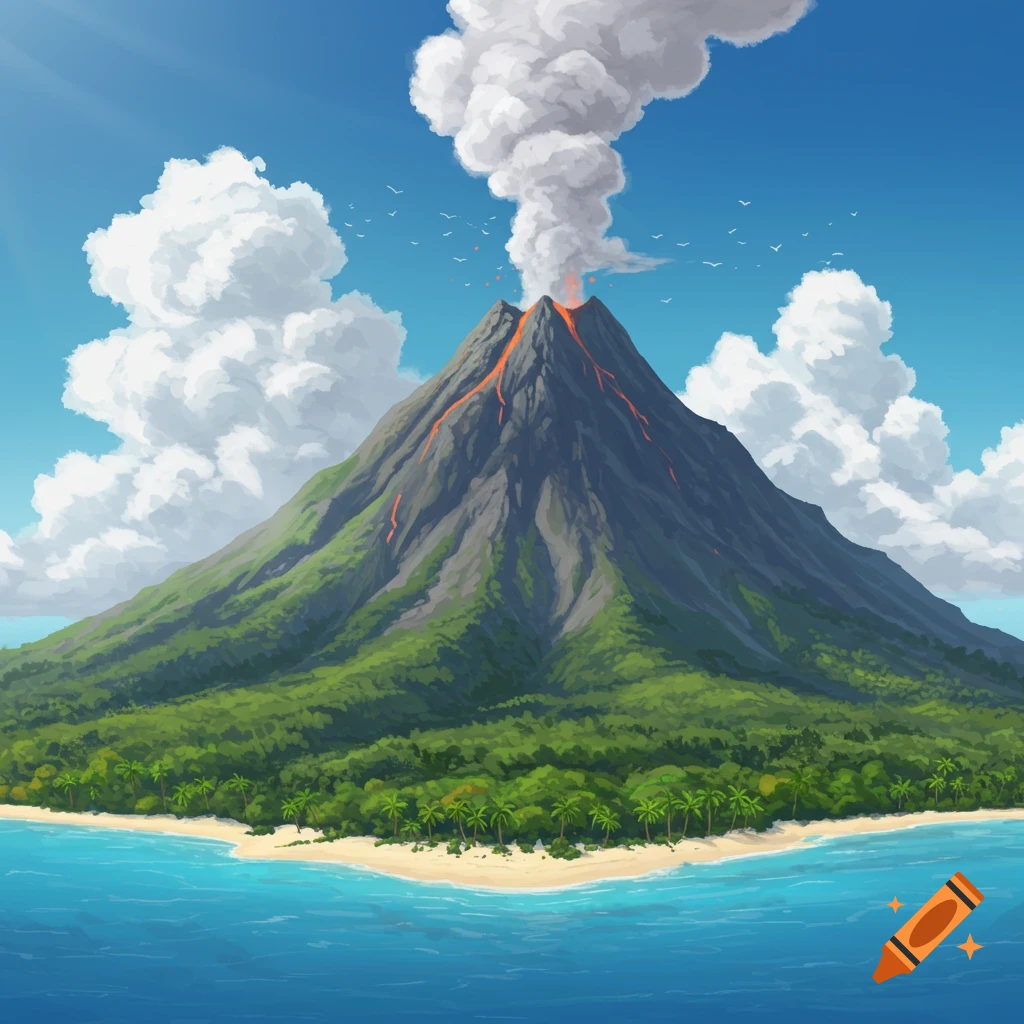 An erupting volcano spews smoke and lava on a lush tropical island with a sandy beach and blue ocean, under a bright sky.