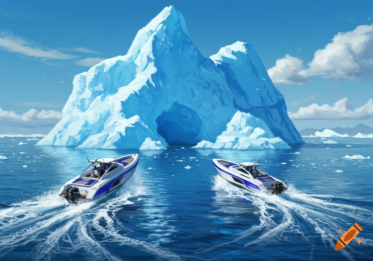 Two speedboats race across blue water dotted with ice floes, with a massive blue iceberg and smaller icebergs under a clear sky.