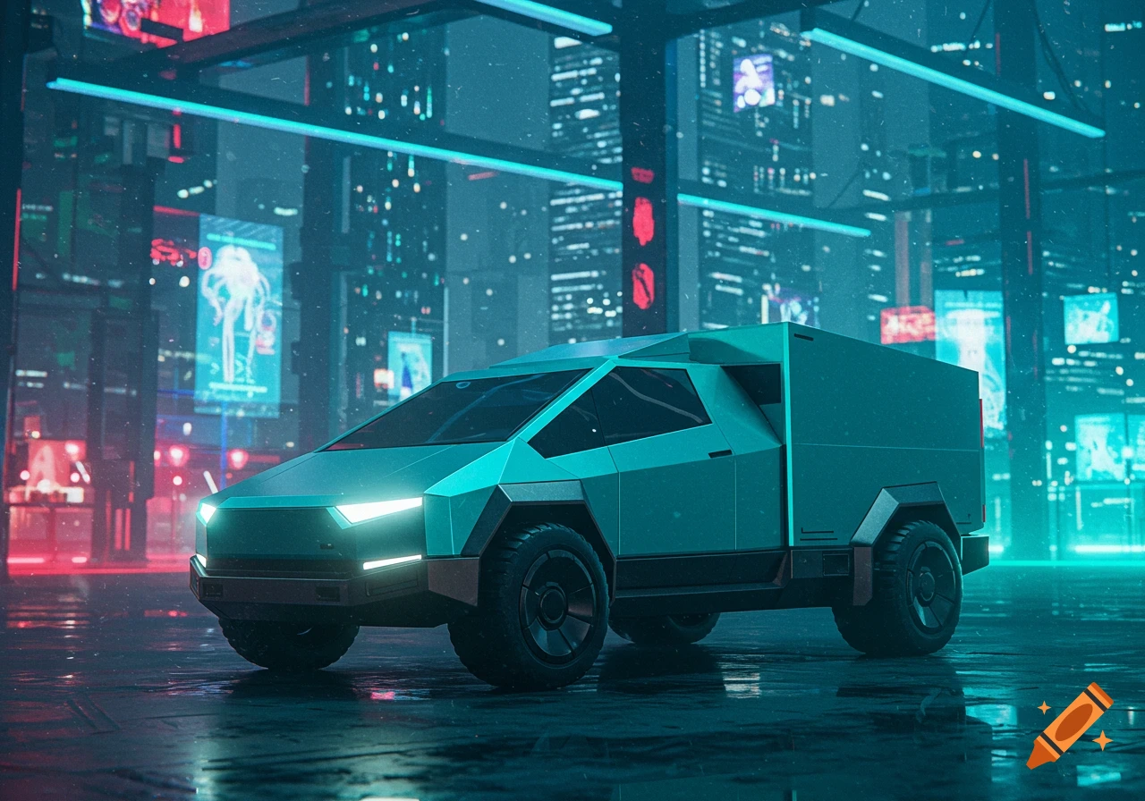 A teal, angular, futuristic truck with glowing headlights sits on a wet street in a neon-lit cyberpunk city at night.