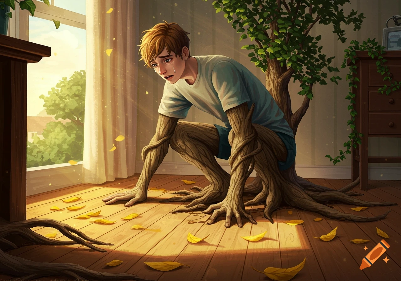 Illustration of a distressed young man whose arms and legs are turning into tree roots and bark, crying in a sunlit room.