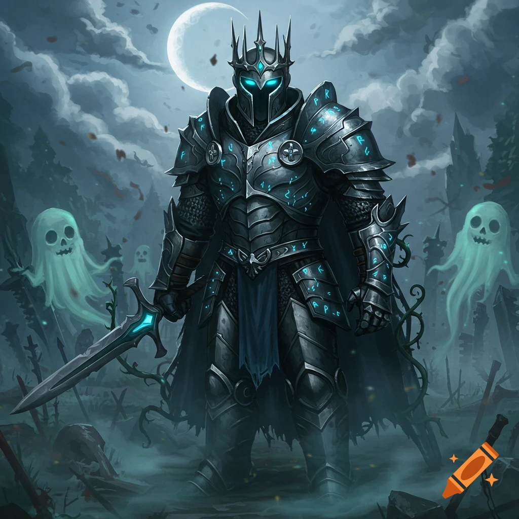 A heavily armored, dark fantasy knight with glowing blue eyes and runes, holding a sword in a misty graveyard with spooky ghosts under a full moon.