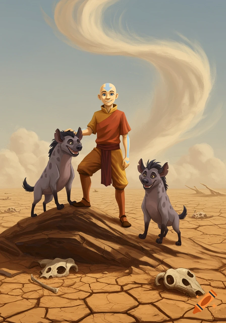 Aang, a bald boy with an arrow tattoo, stands on a small hill in a cracked desert, petting a hyena. Another hyena is nearby, and a dust cloud swirls in the sky.