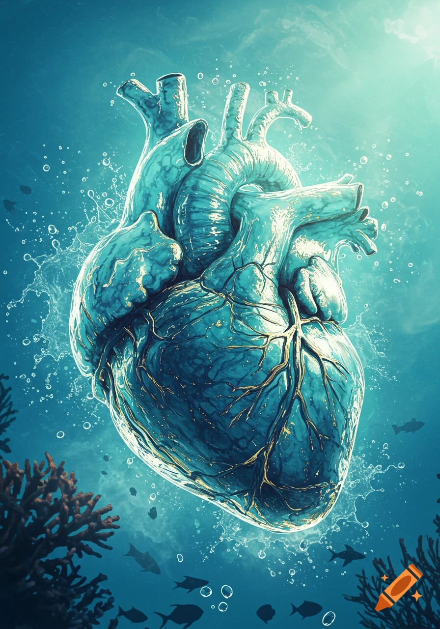 A surreal, teal human heart with golden veins, submerged in a vibrant blue ocean with water splashes, bubbles, coral, and fish.