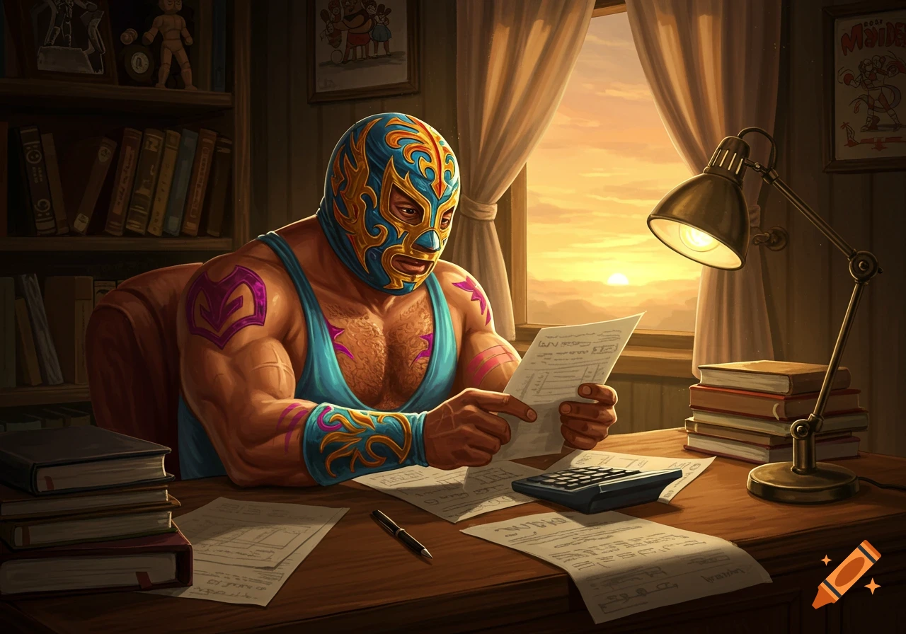 A muscular luchador in a blue and gold mask and teal tank top sits at a wooden desk, reviewing papers with a calculator, with a sunset visible through the window.
