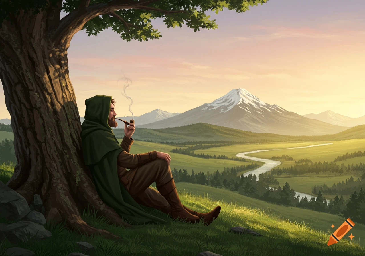A man in a green cloak smokes a pipe under a tree, overlooking a vast green valley with a river and snow-capped mountains at sunset.
