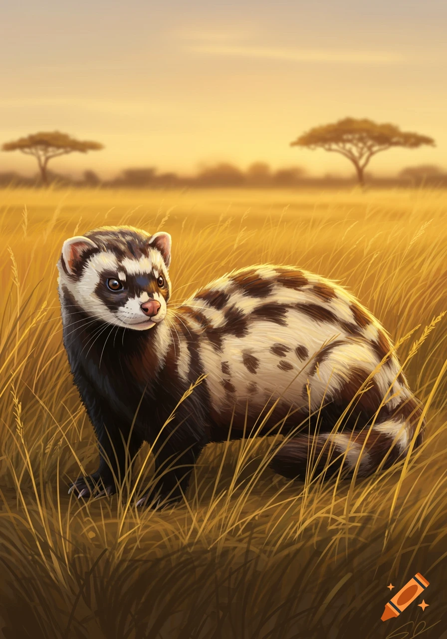 An illustrated marbled polecat with dark brown and white spotted fur stands in a golden grassy field at sunset.