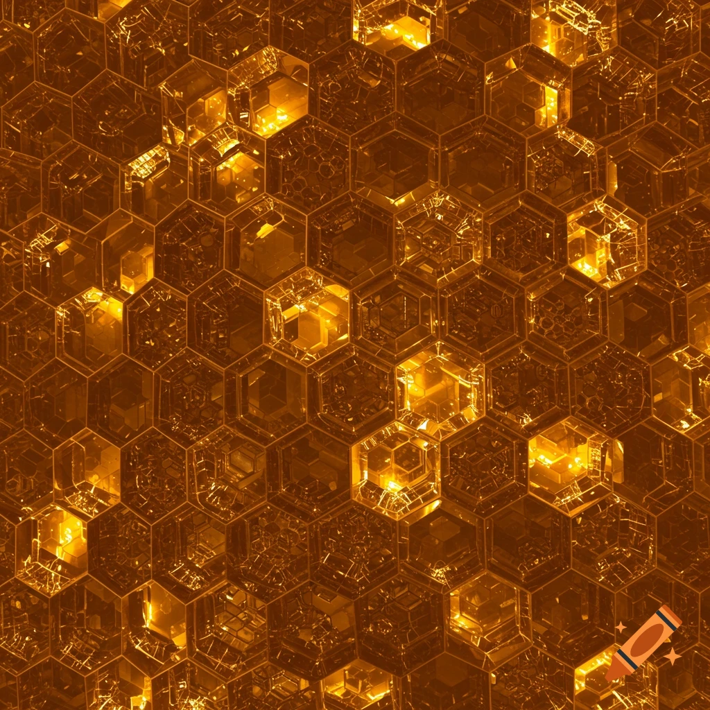 A repeating pattern of glowing golden and amber hexagonal cells, resembling a fractal honeycomb or crystalline structure.