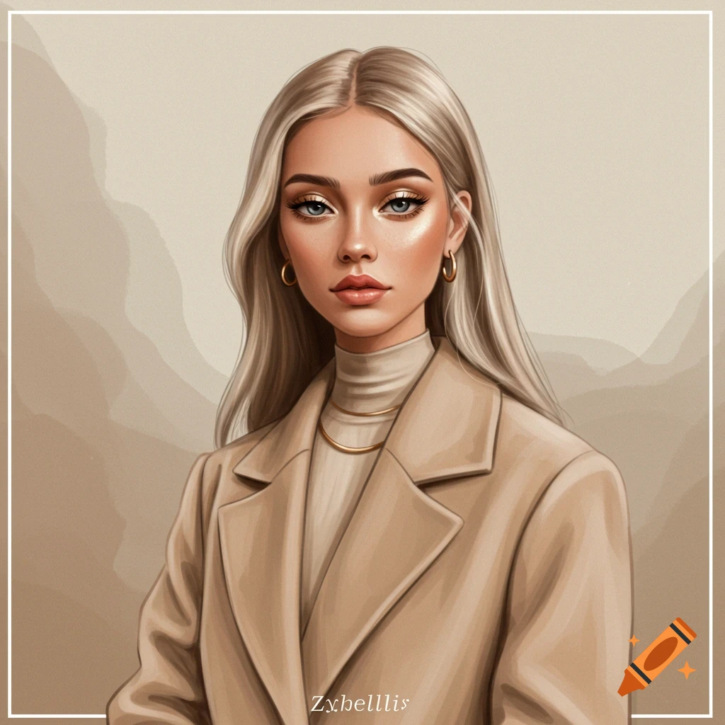 Digital painting of a stylish woman with long blonde hair, blue eyes, and light makeup, wearing a beige turtleneck and trench coat.