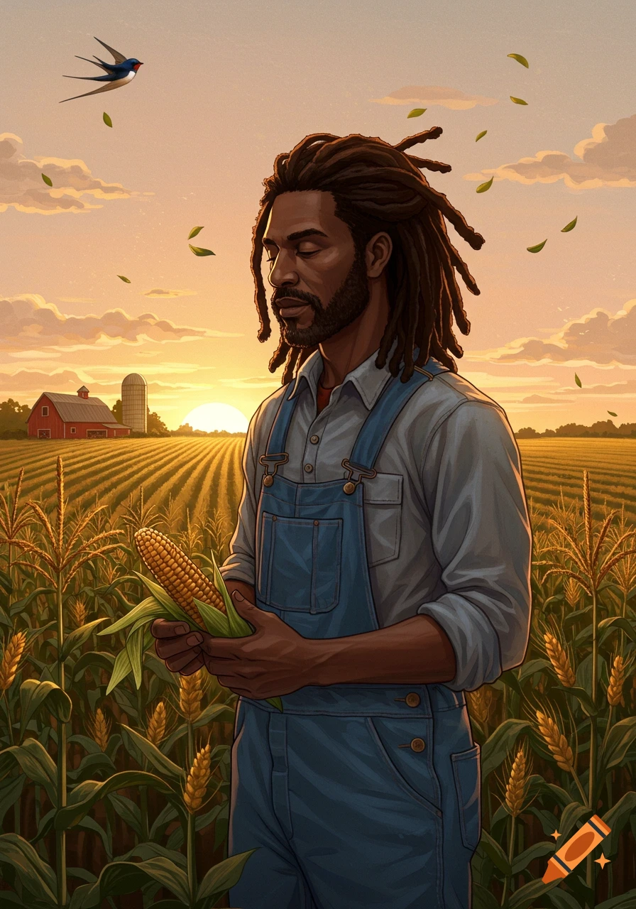 An illustrated portrait of a Black man with dreadlocks, wearing overalls, holding an ear of corn in a vast cornfield at sunset.