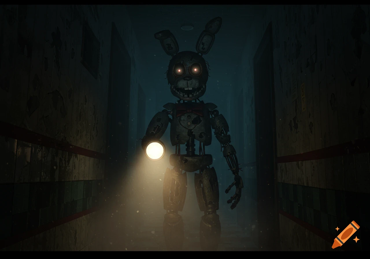 A dark, eerie hallway with a scary, dilapidated animatronic rabbit holding a flashlight and glowing red eyes.