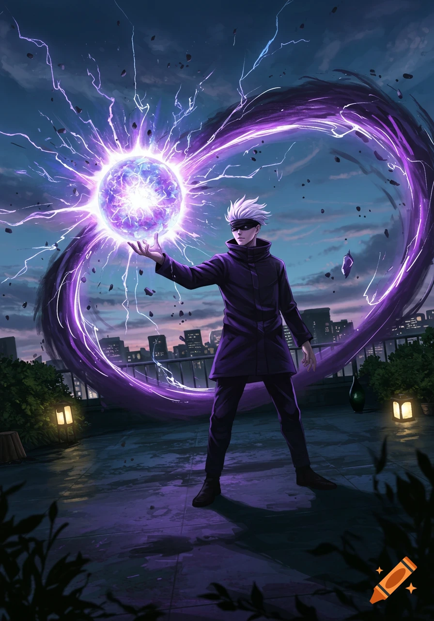 Anime character Satoru Gojo in a dark coat, blindfold, holding a glowing purple energy orb on a rooftop with a city skyline.