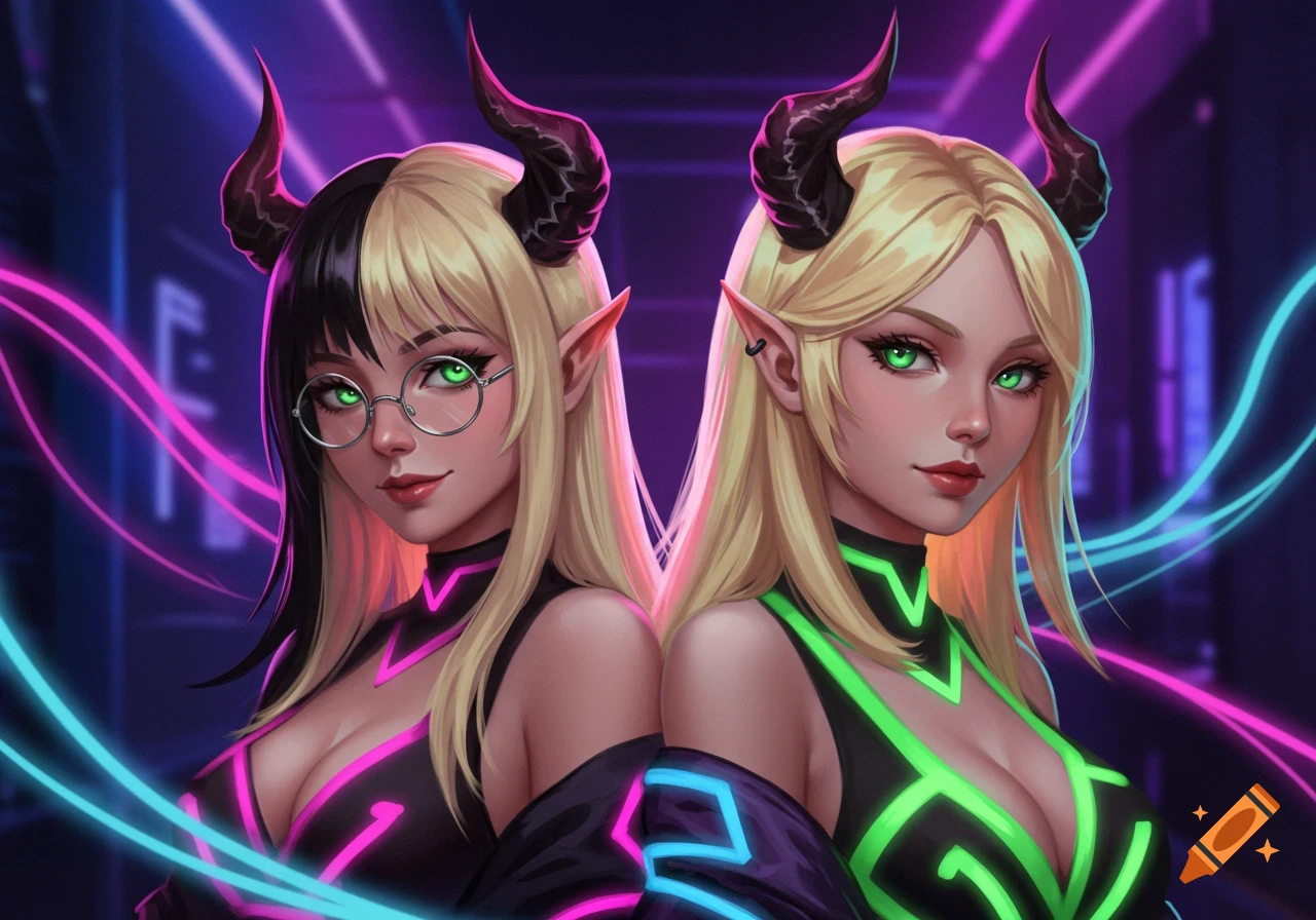 Two blonde, horned elf women with green eyes in neon cyberpunk outfits. One has glasses and split black and blonde hair.