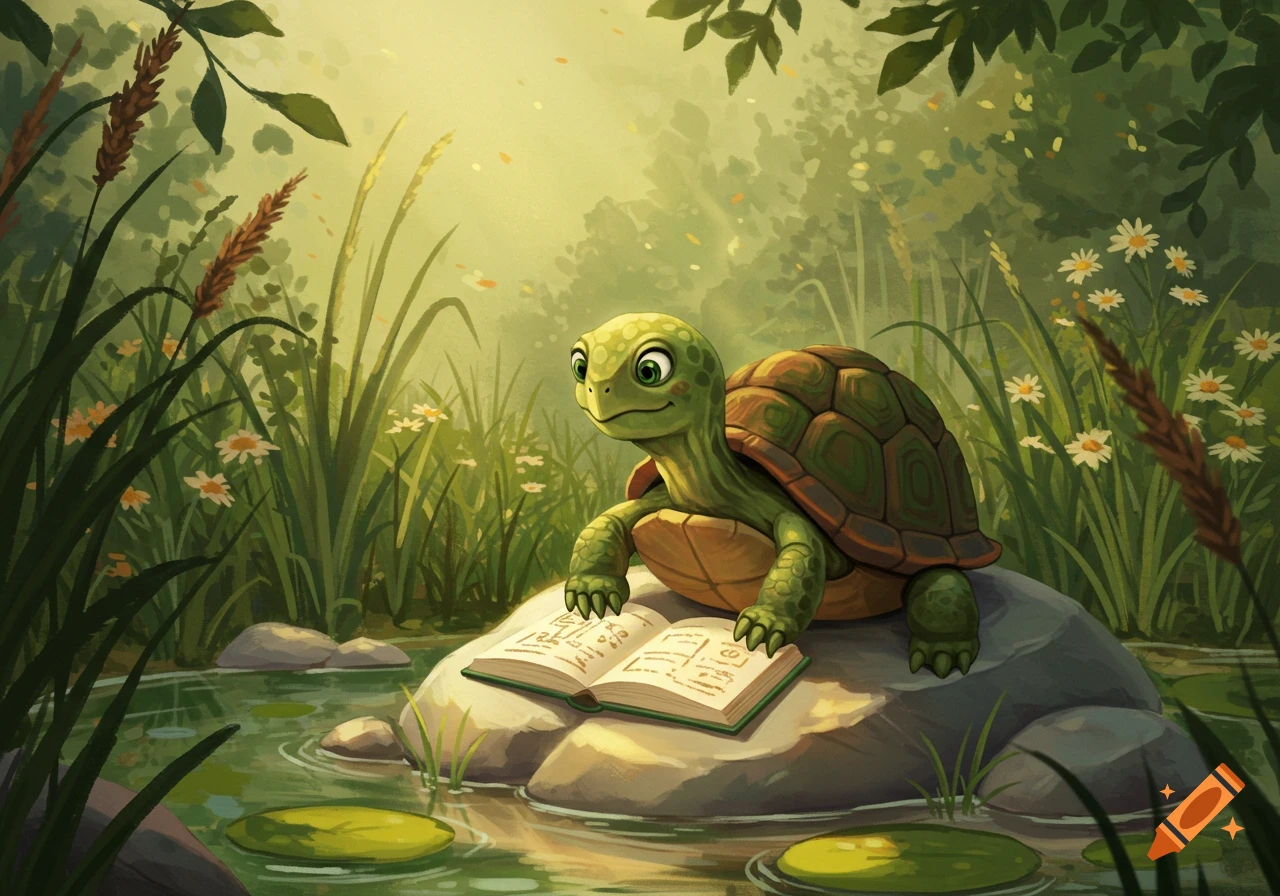 A cute, smiling cartoon turtle sits on a rock in a lush, green forest stream, reading an open book. Illustration style.