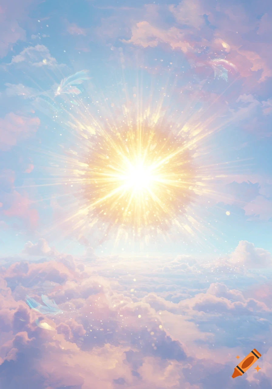 A vibrant burst of golden light radiates from the center of a pastel blue and pink sky filled with fluffy clouds and sparkling particles.