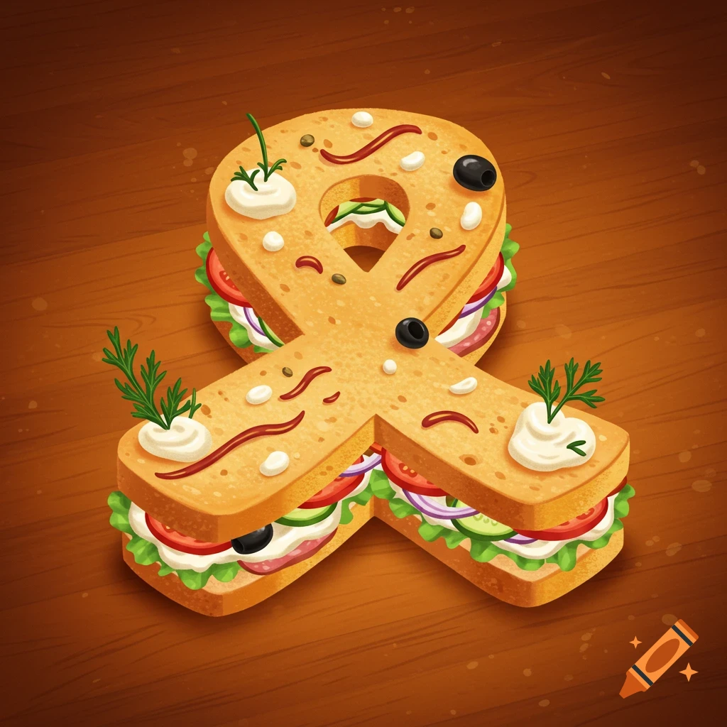 Stylized illustration of an ampersand-shaped sandwich with lettuce, tomato, olives, and condiments on a wooden table.