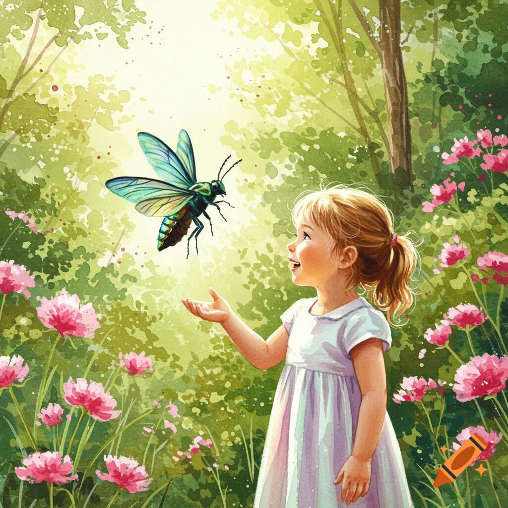 A small girl marvels at a large green insect in a vibrant, sunlit field of pink flowers, rendered in watercolor.