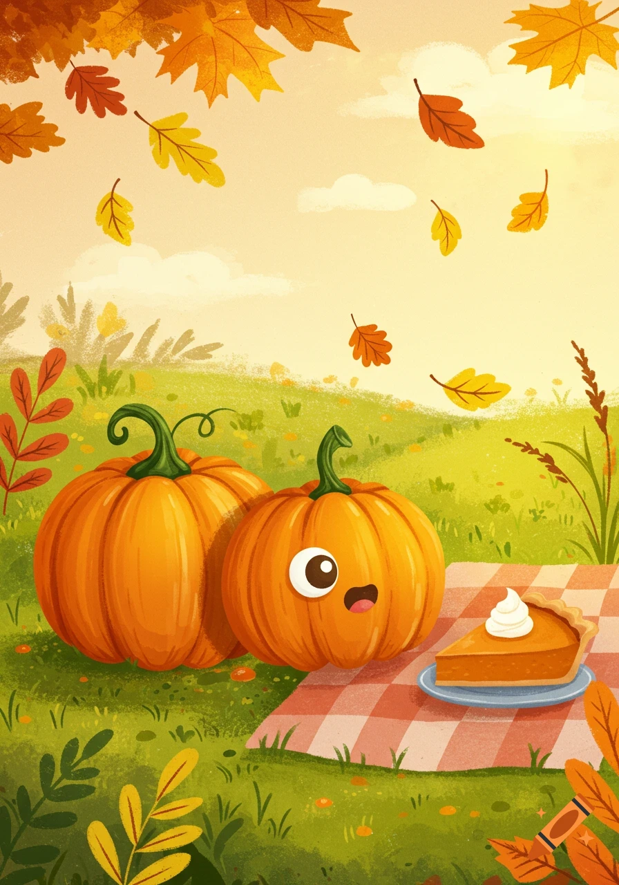 Whimsical children's illustration of cartoon pumpkins and a slice of pumpkin pie on a picnic blanket in an autumn field with falling leaves.