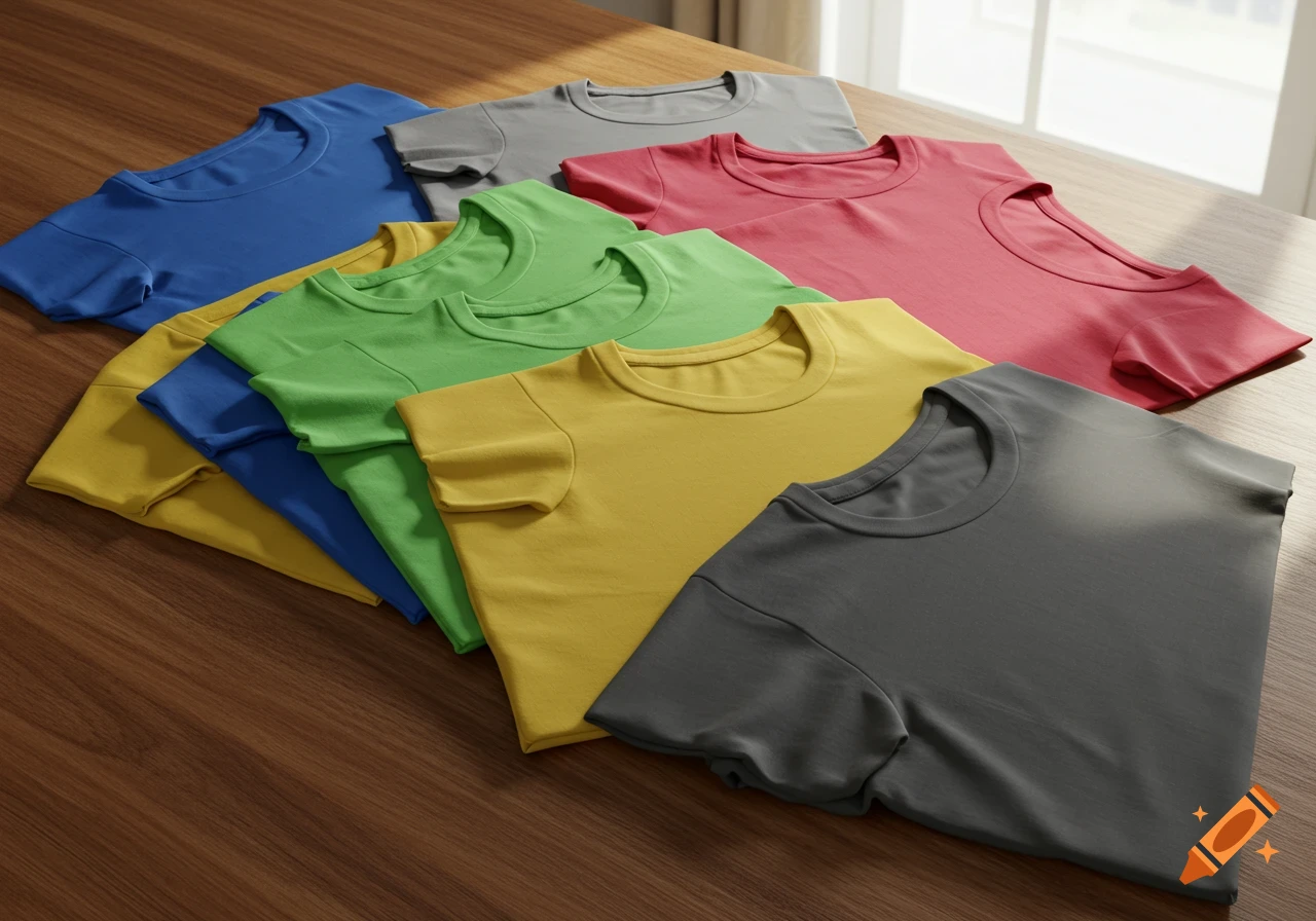 A lineup of multiple folded t-shirts in various colors including blue, yellow, green, gray, and red, on a wooden surface.