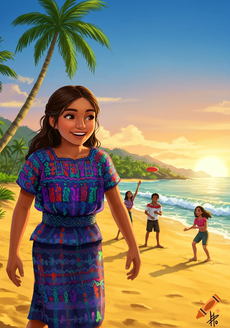 Illustration of a smiling Guatemalan teen on a tropical beach, with friends playing frisbee in the background at sunset.