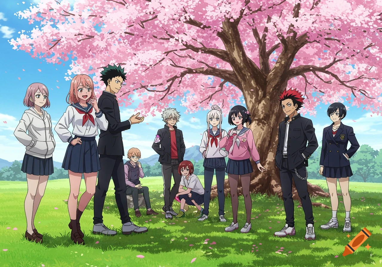 A group of diverse anime high school students gather under a large cherry blossom tree in a park.