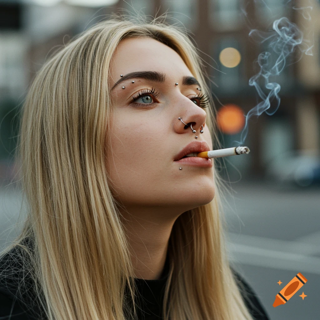 Close-up portrait of a blonde woman with multiple face piercings, looking up while smoking a cigarette, smoke rising.