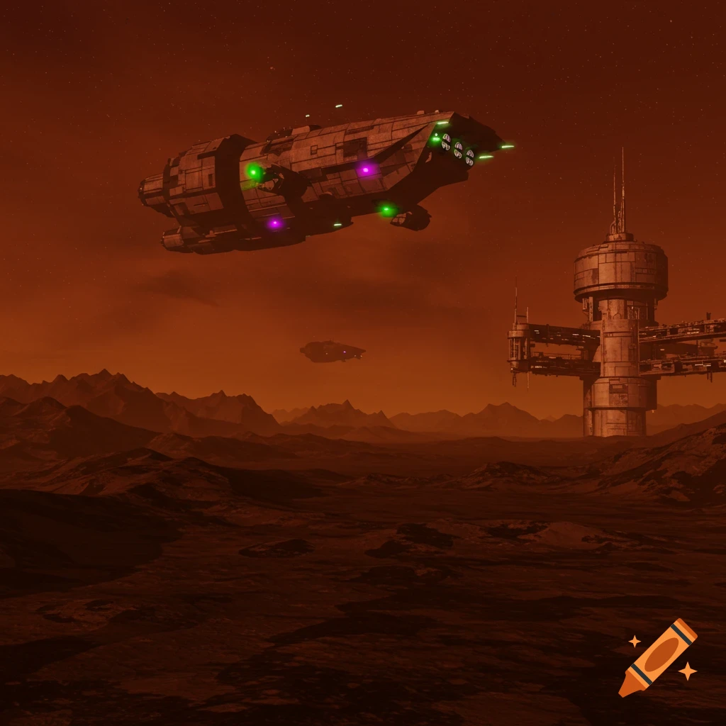 A large blocky spaceship flies over a rocky red alien planet with a futuristic space station, in a retro PS1 graphic style.