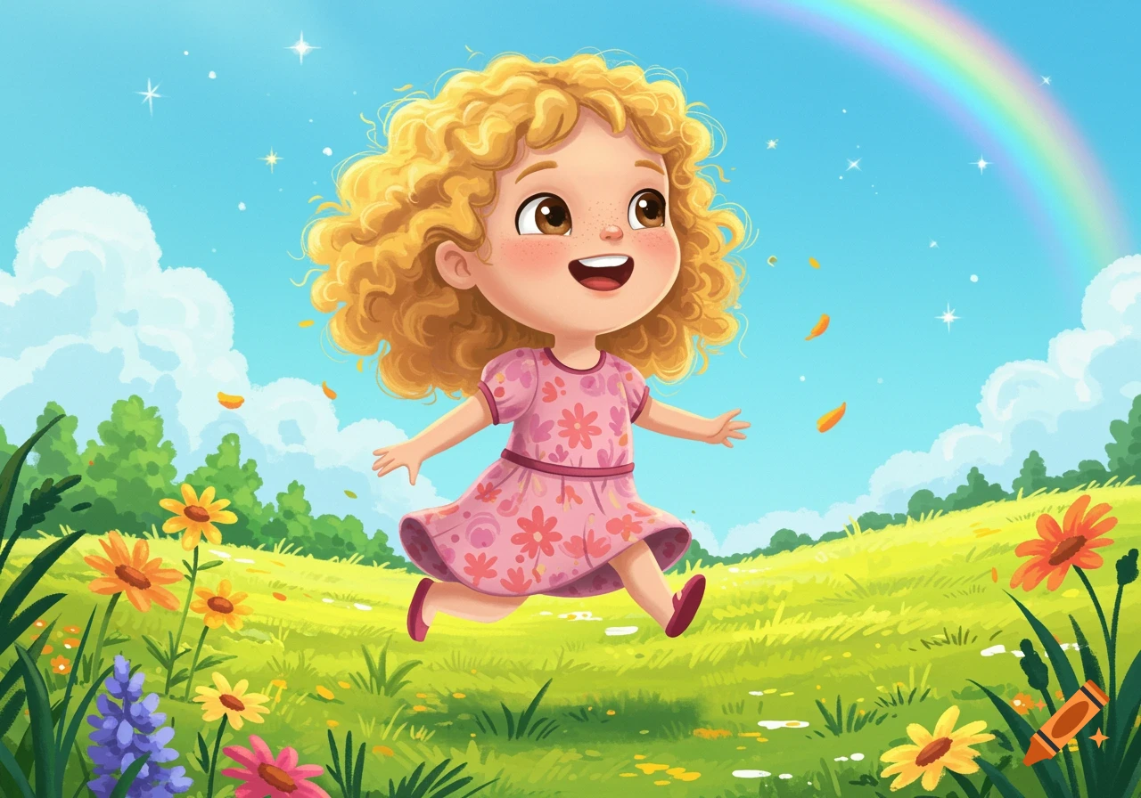A happy cartoon girl with curly blonde hair runs and smiles through a sunny field with colorful flowers and a rainbow.