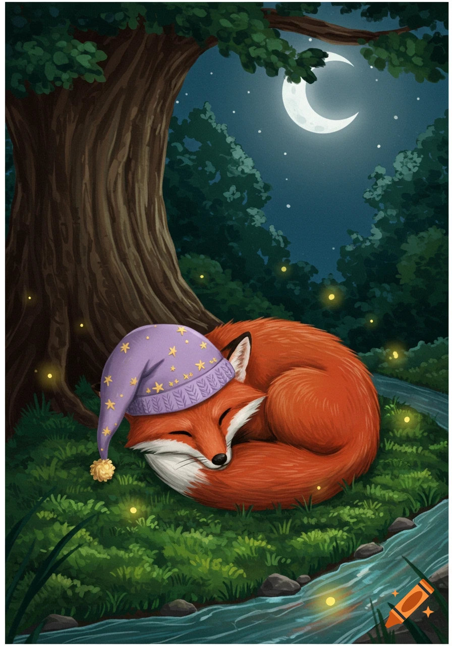 An illustrated cute fox in a purple nightcap sleeps curled up in a magical forest at night, with fireflies and a crescent moon.