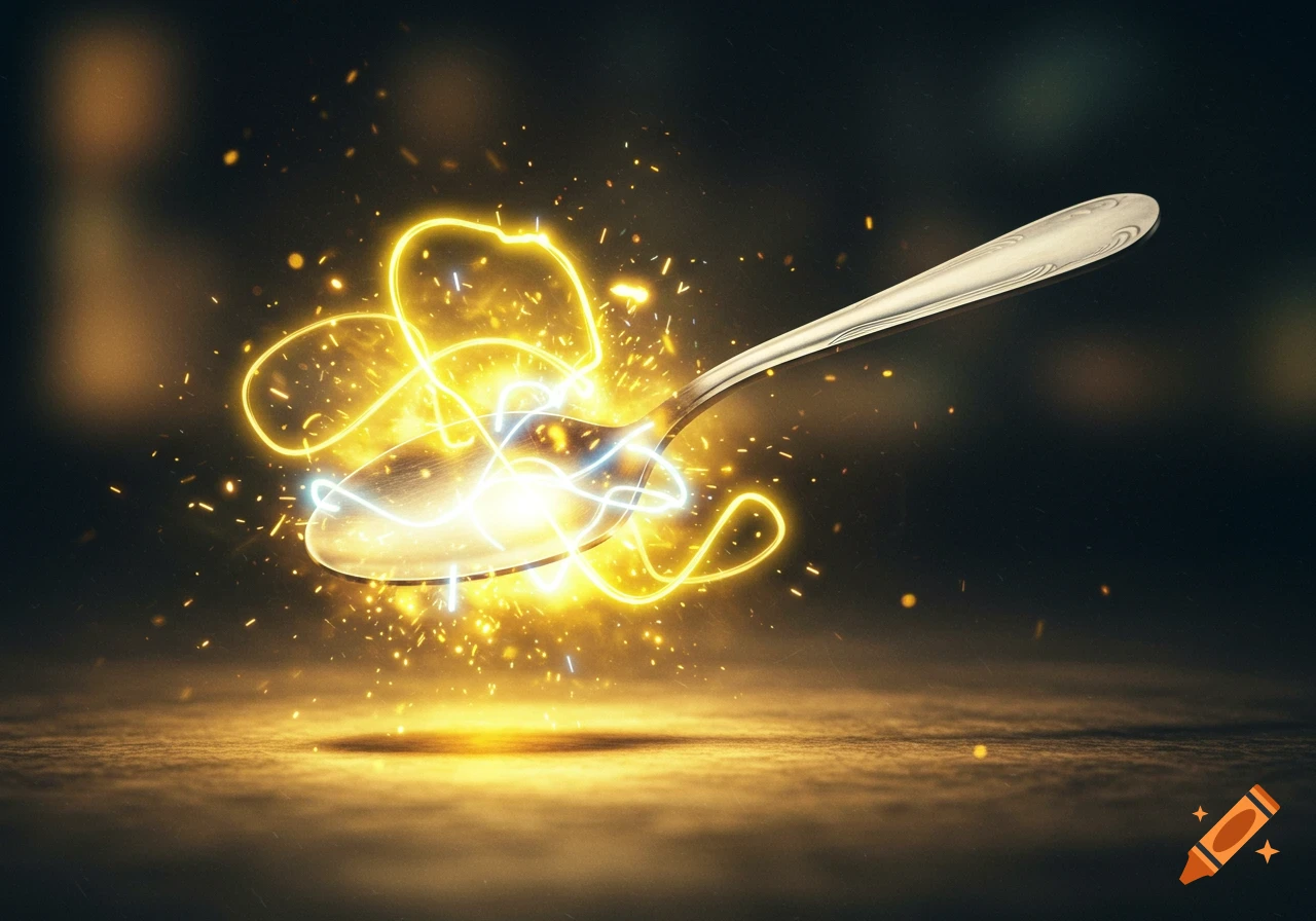 A silver spoon floats in the dark, surrounded by bright yellow and blue glowing energy and sparkling particles.