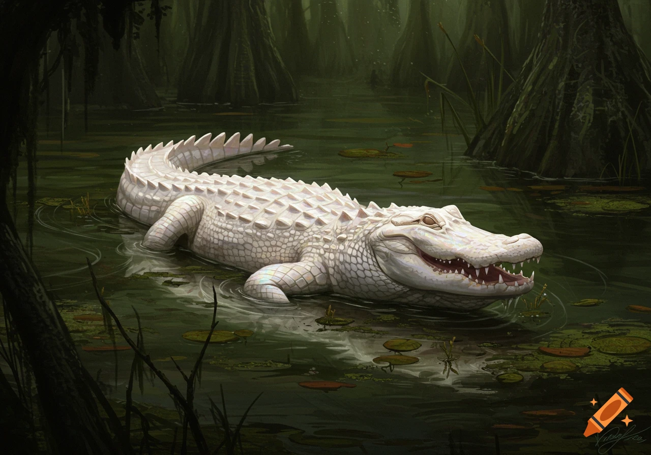 An albino alligator with open jaws floats in murky swamp water surrounded by lily pads and cypress trees.