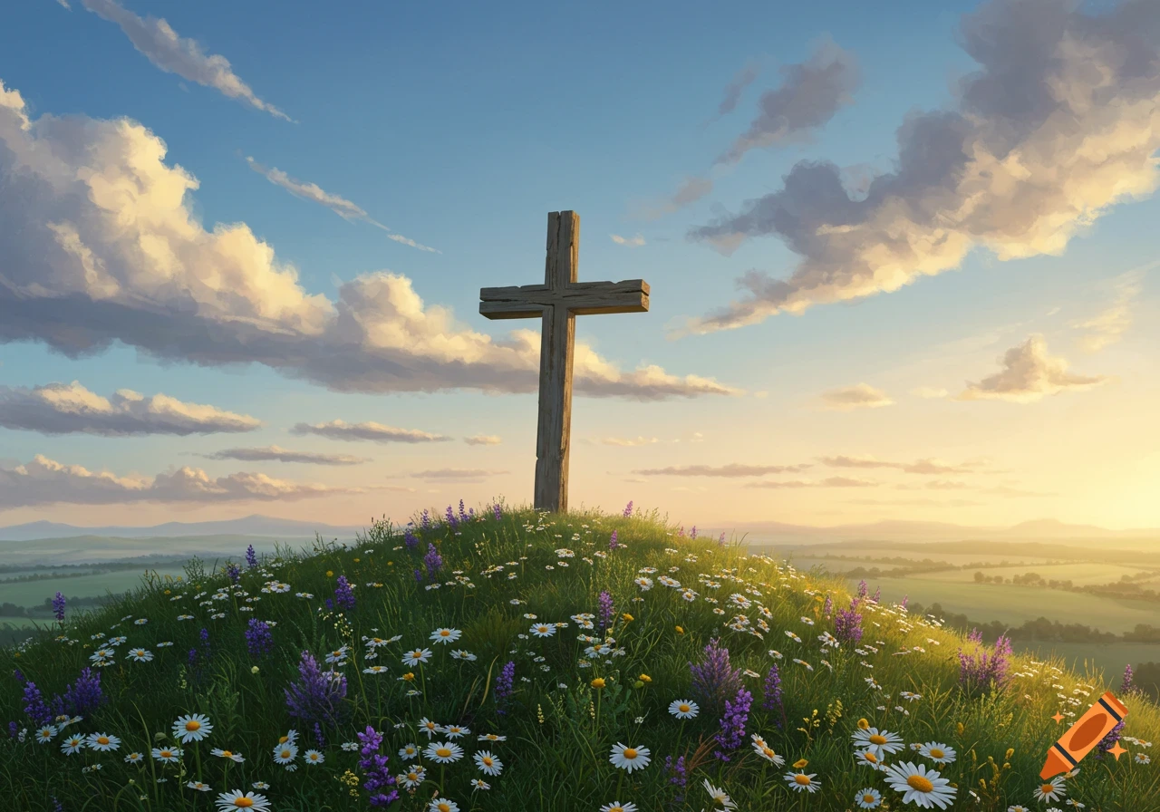 An old wooden cross stands on a flower-covered hill under a vibrant sunset sky with clouds, in an illustrated style.