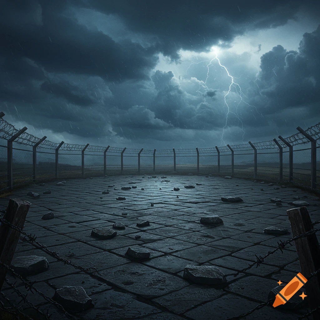 A circular paved lot with loose stones, surrounded by barbed wire fences under a dark, stormy sky with lightning.
