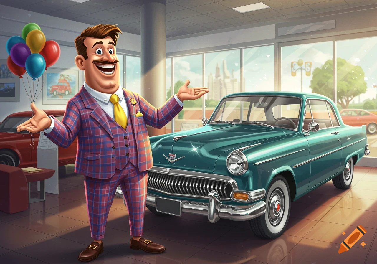 A smiling cartoon car salesman in a plaid suit gestures towards a teal vintage car in a showroom.