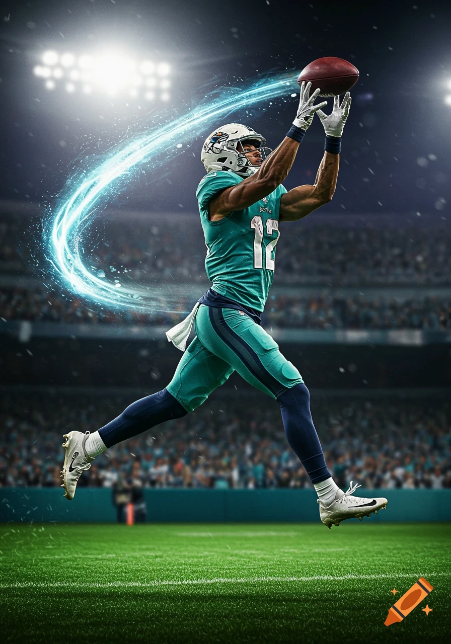 An American football player in a teal and navy uniform with number 12, leaping to catch a football against a stadium backdrop with a blue light trail.