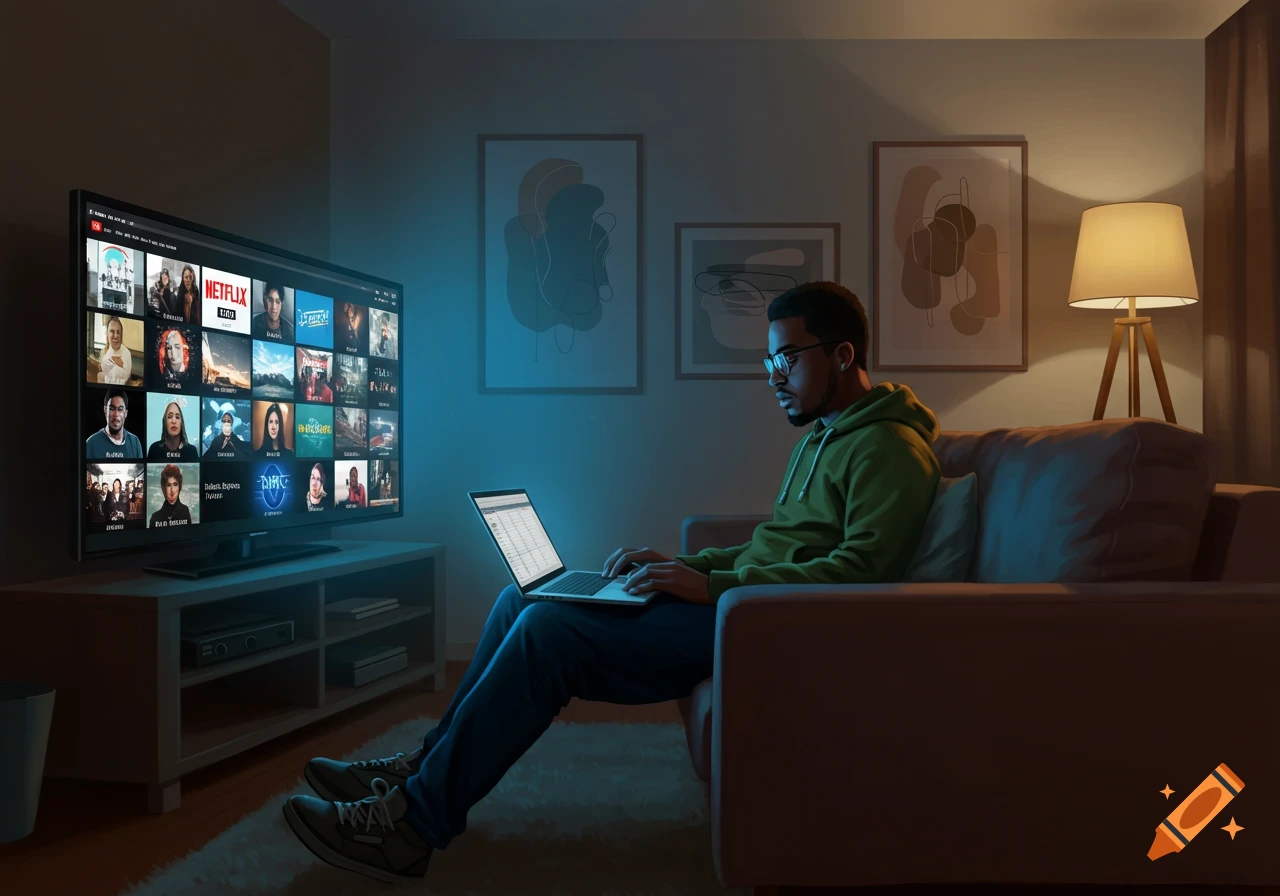 A man wearing glasses and a green hoodie sits on a couch, using a laptop. A TV showing a streaming service interface is in front of him, illuminated by a blue glow.