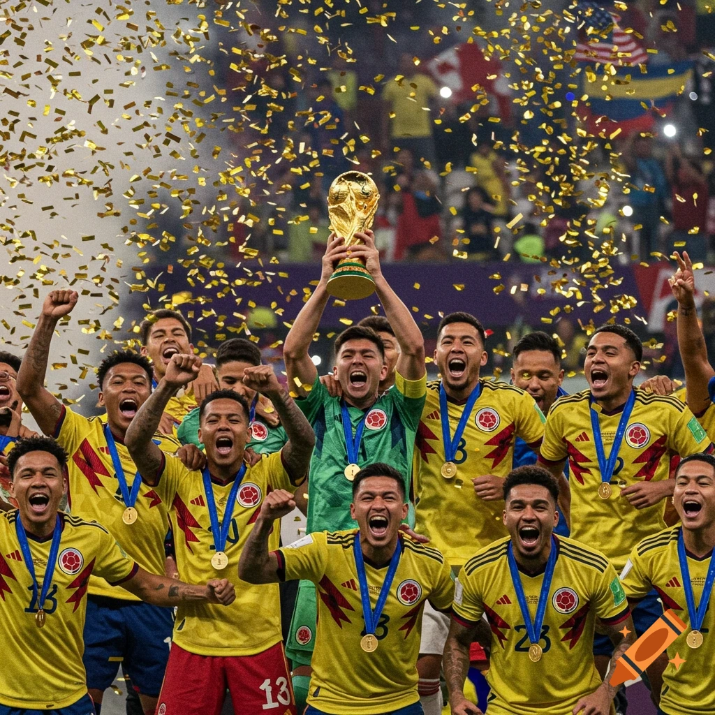 A jubilant Colombian soccer team celebrates winning the World Cup, holding the trophy aloft amidst a shower of golden confetti.