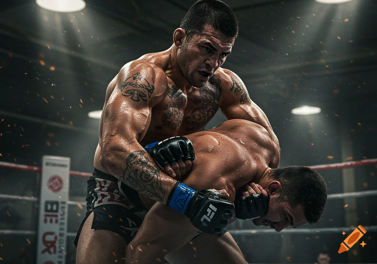 Two muscular martial arts fighters in an intense moment, one executing a rear-naked choke on the other inside a gritty arena.