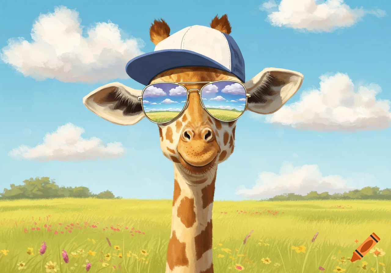 A cartoon giraffe wearing a blue and white baseball cap and reflective aviator sunglasses, smiling in a sunny green field with white clouds.