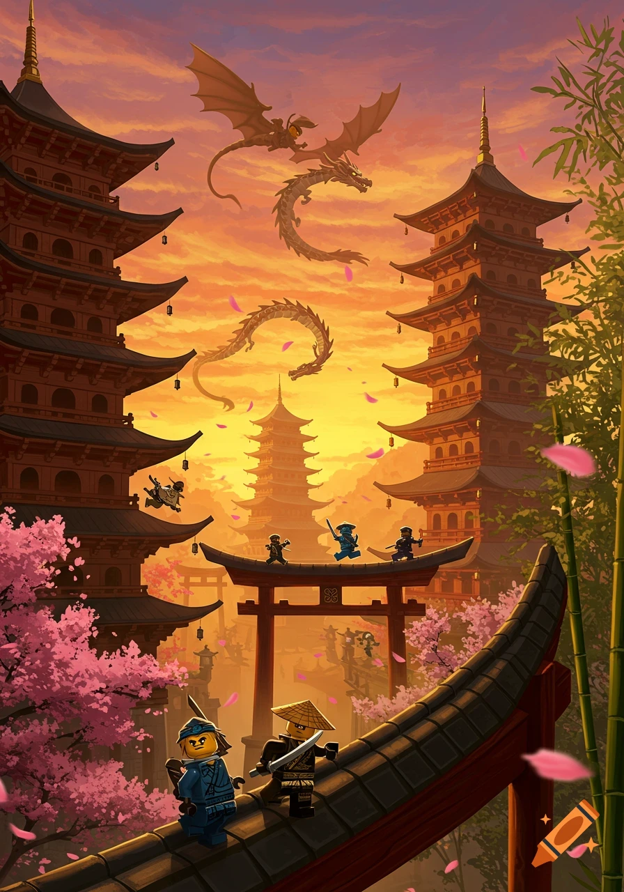 Lego Ninjago ninjas on pagodas and rooftops in a vibrant Japanese-style sunset landscape with dragons flying and cherry blossoms.