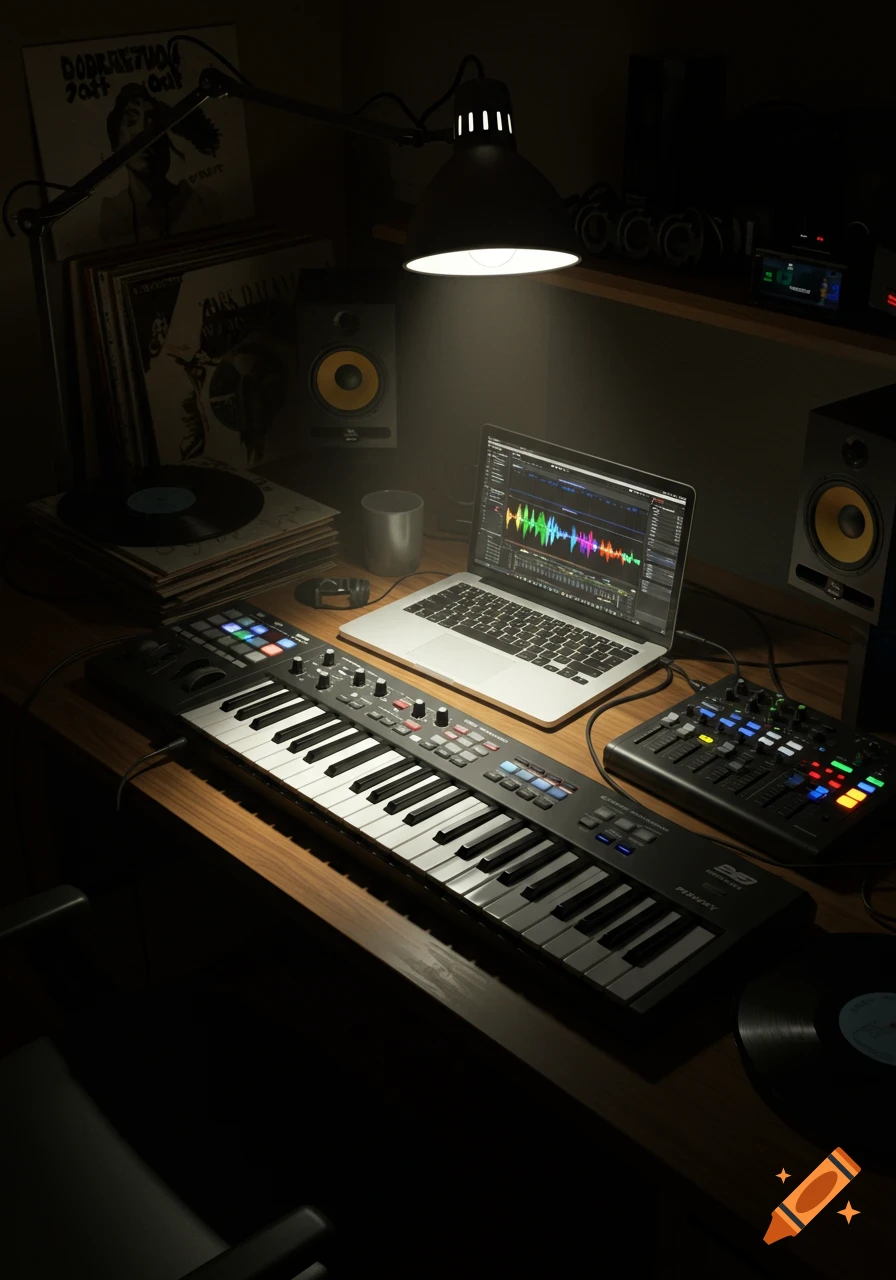 A dimly lit home music studio desk at night, featuring a laptop displaying a colorful audio waveform, a MIDI keyboard, a sound mixer, studio monitors, vinyl records, and a desk lamp.
